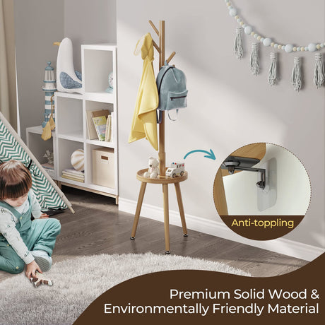 GREENSTELL Coat Rack with 8 Hooks, Wooden Coat Rack Freestanding with Shelf, Coat Tree with 4 Height Options 50.5"-72.6", Coat Hanger Stand for Bags, Clothes, Umbrellas, Hats, in Home, Natural GREENSTELL