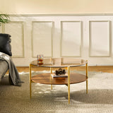 Saint Mossi Glass Round Coffee Table for Living Room, Middle-Century Modern Style, Coffee Brown Glass Top & Walnut Brown MDF Wood Top, with Gold Finish Legs & Frame SM Saint Mossi