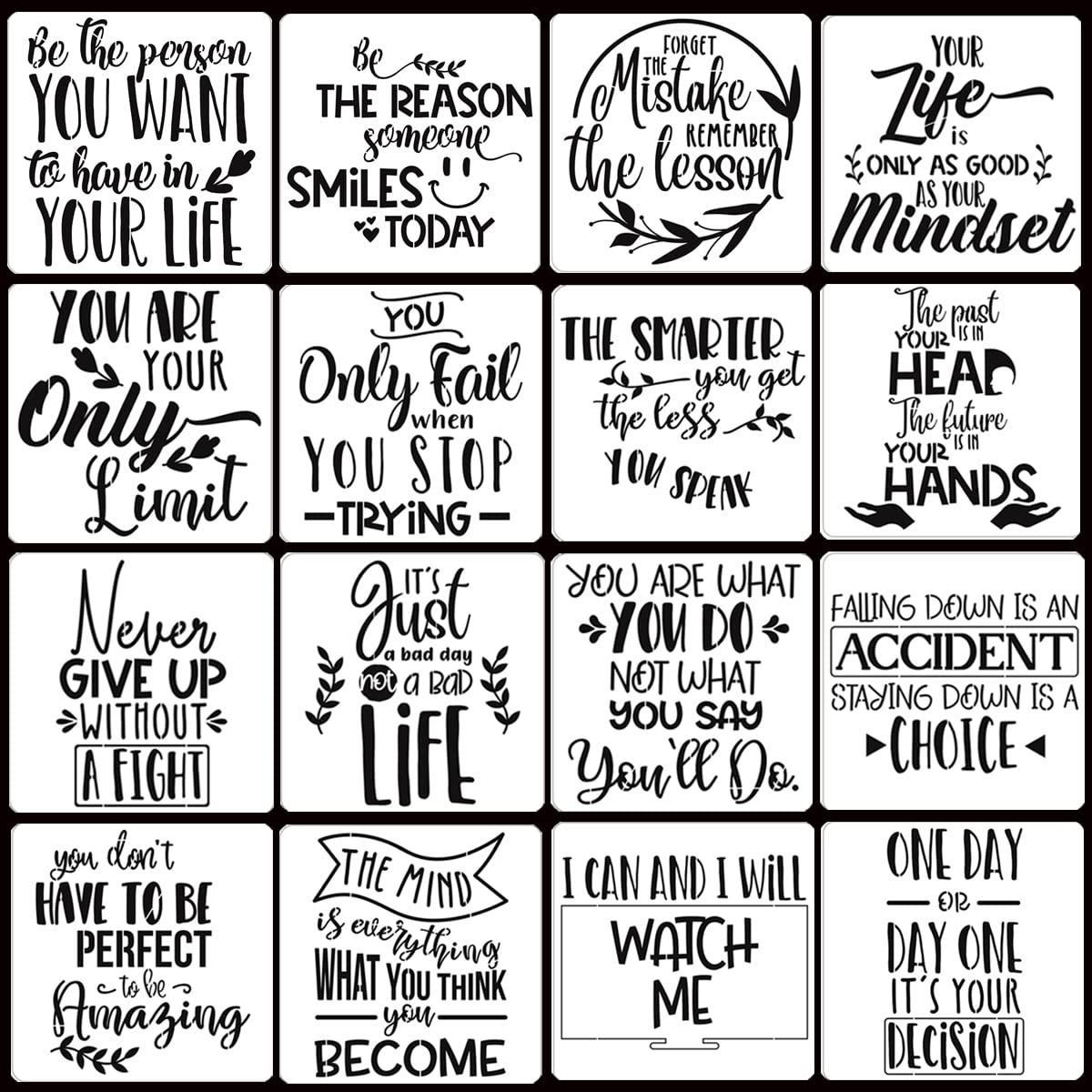 16 Pcs Inspirational Word Stencils, Quote & Phrase Sayings Templates, Craft Stencils for Painting on Wood, Wall, Canvas, Fabrics, Paper & Home Signs - Reusable 7.87 x 7.87 Inches HZMM