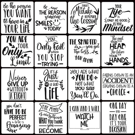 16 Pcs Inspirational Word Stencils, Quote & Phrase Sayings Templates, Craft Stencils for Painting on Wood, Wall, Canvas, Fabrics, Paper & Home Signs - Reusable 7.87 x 7.87 Inches HZMM