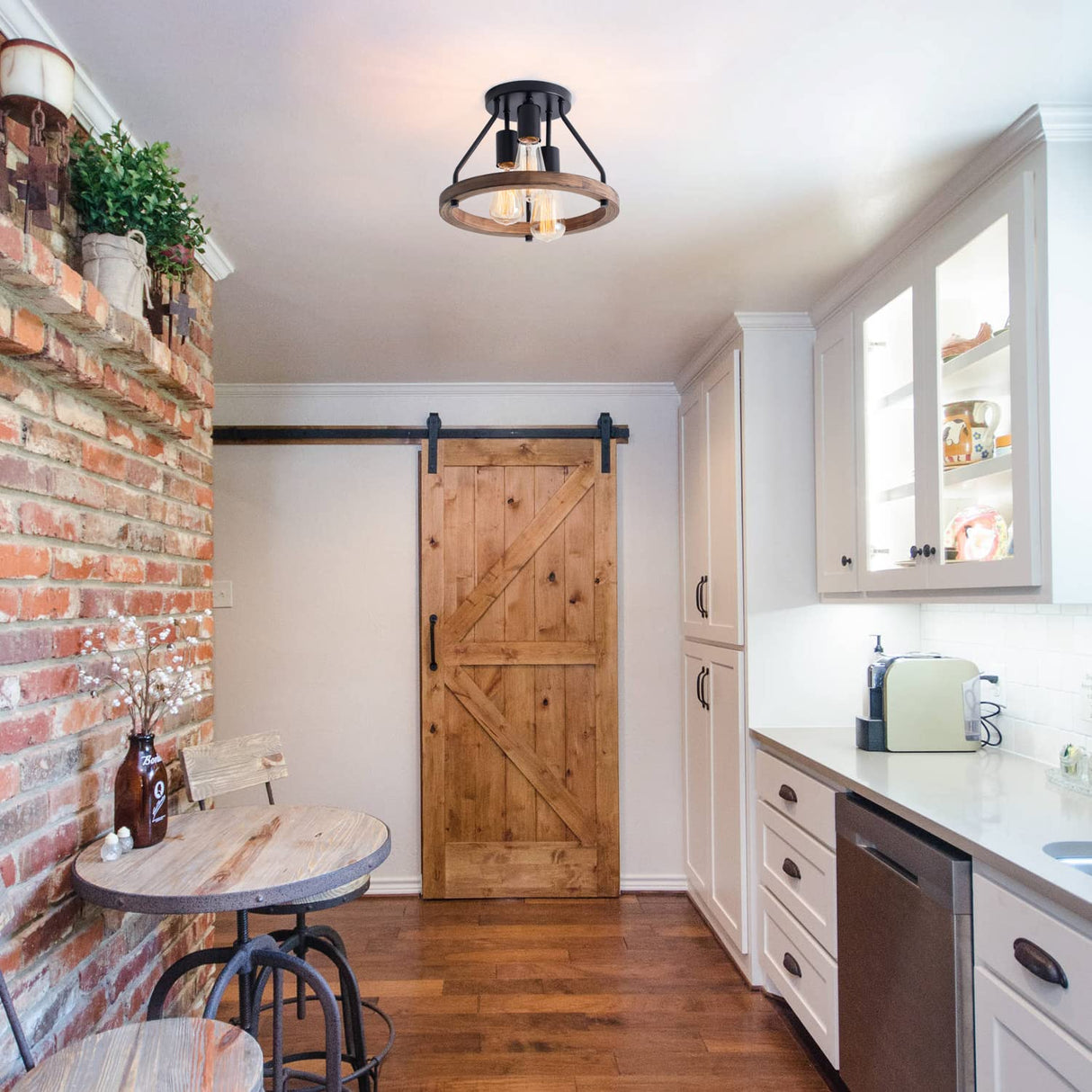 VILUXY Industrial Flush Mount Ceiling Light Fixture with Retro Wood Circle Shade for Hallway, Entryway, Bedroom, Balcony Passway 3-Light VILUXY