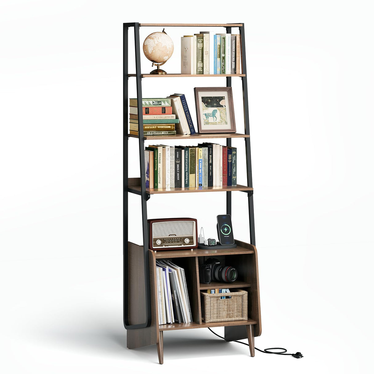 JOINICE 5-Tier Ladder Bookshelf with Cabinet,Mid Century Modern Bookshelf with Adjustable Shelf,Tall Bookshelf with Charging Station,Wood and Metal Display Rack for Living Room,Bedroom,Office,Walnut JOINICE