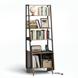 JOINICE 5-Tier Ladder Bookshelf with Cabinet,Mid Century Modern Bookshelf with Adjustable Shelf,Tall Bookshelf with Charging Station,Wood and Metal Display Rack for Living Room,Bedroom,Office,Walnut JOINICE