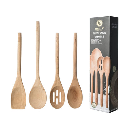 Wooden Spoons for Cooking Wooden Kitchen Utensil Set of 4 Beech Wood Non Scratch BILL.F Wooden Cooking Utensils Spatula Set Including Spoon, Turner,and Slotted Spoon with Long Handle