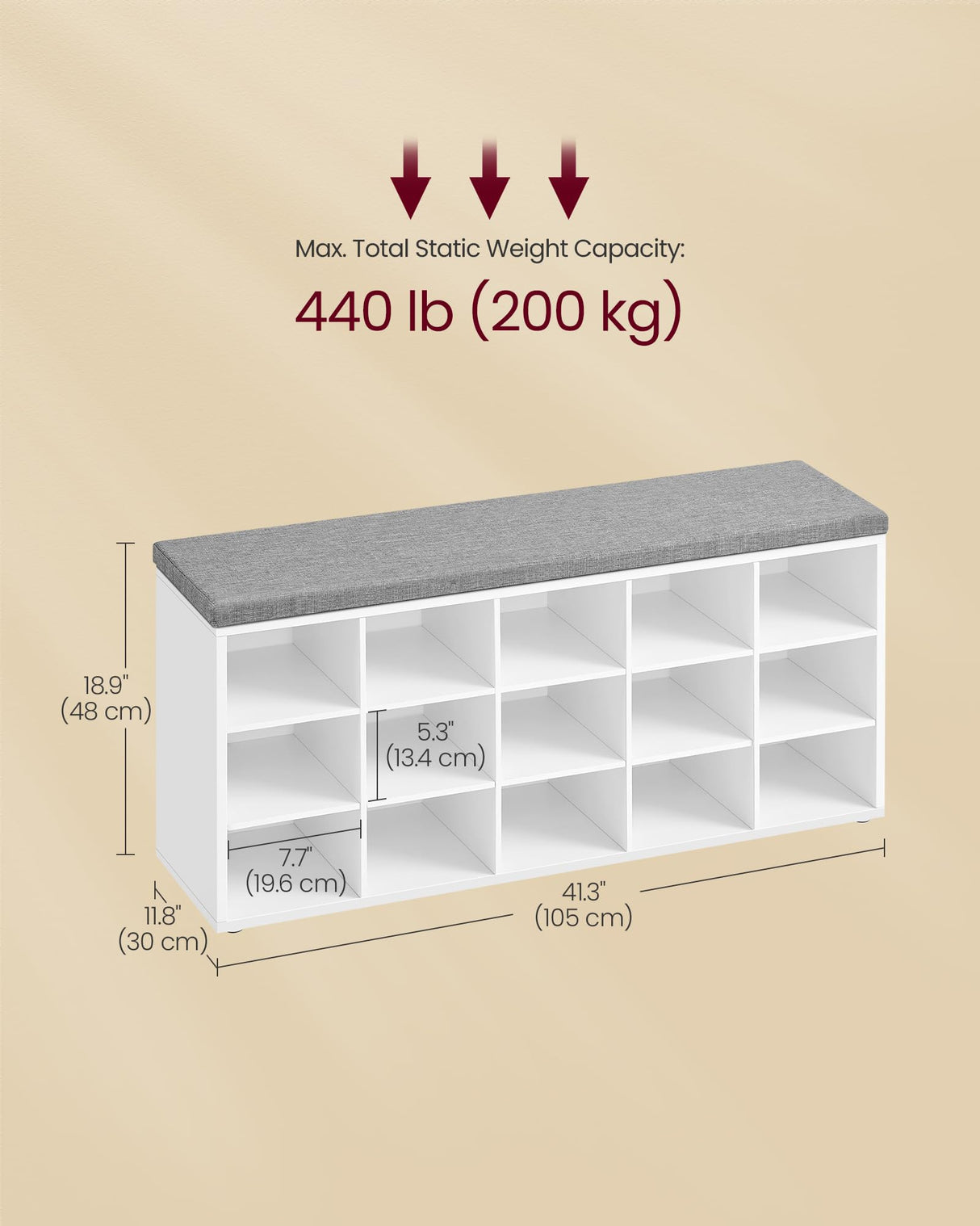 VASAGLE CUSTOS Collection - Shoe Bench, Storage Bench with Padded Seat, Entryway Bench with 15 Compartments, for Bedroom, 11.8 x 41.3 x 18.9 Inches, Cloud White and Dove Gray ULHS15WT VASAGLE