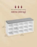 VASAGLE CUSTOS Collection - Shoe Bench, Storage Bench with Padded Seat, Entryway Bench with 15 Compartments, for Bedroom, 11.8 x 41.3 x 18.9 Inches, Cloud White and Dove Gray ULHS15WT VASAGLE