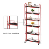 VFY 6-Tier Storage Cart Wire Slim Shelving Shelf with Wheels for Small Spaces, Rolling Tall Organizer Storage for Bathroom, Kitchen, Home, Garage, Bedroom, Closet (Red, 6" D) VFY