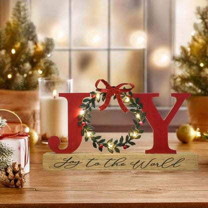 Christmas Decorations for Home LED Lighted Joy Sign with Wreath Farmhouse Wooden Rustic Tabletop Decorative Sign Xmas Holiday Home Decor Indoor Room