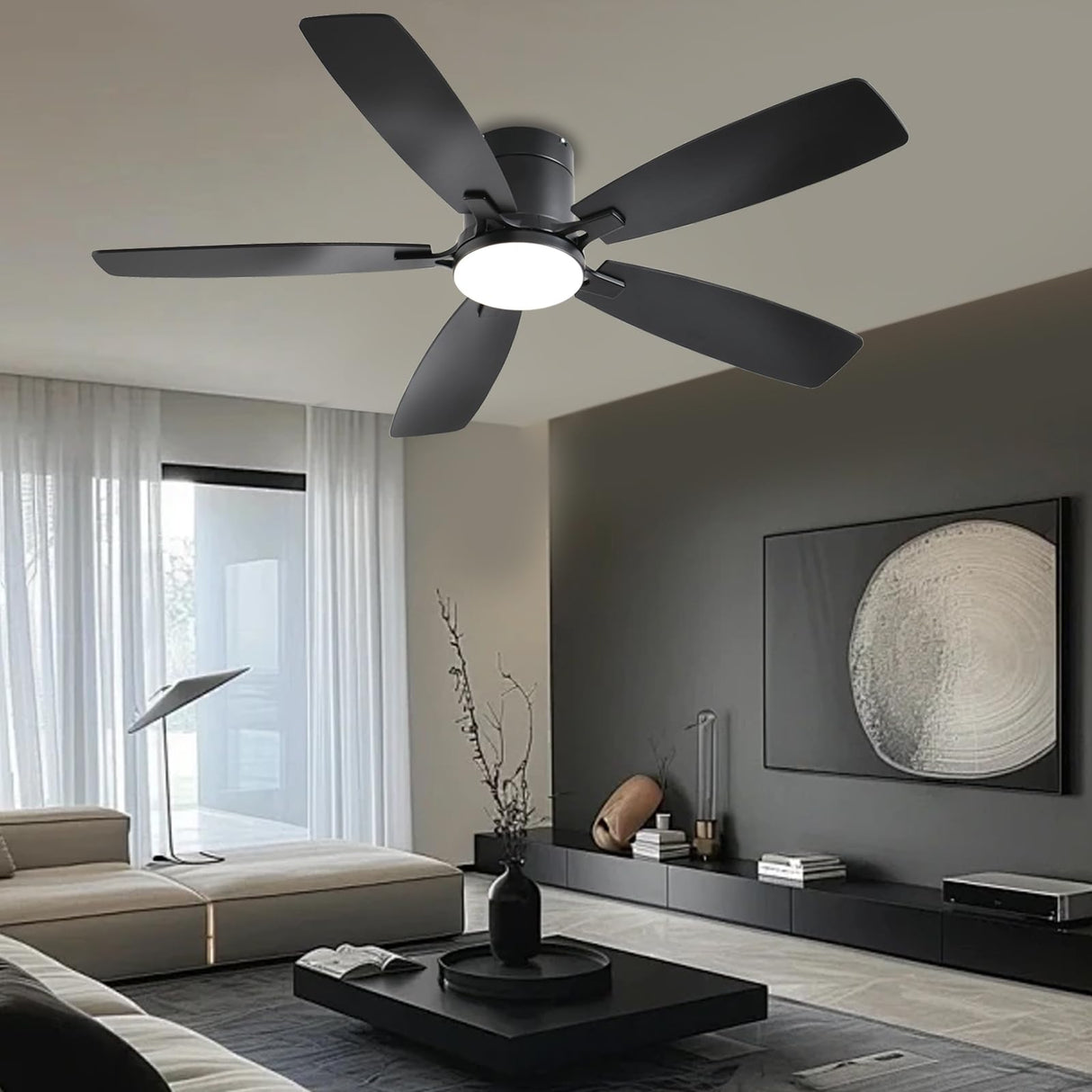 Ayaoty Ceiling Fans with Lights, 52 inch Low Profile Ceiling Fan with Light and Remote Control, Flush Mount, Reversible Motor, Dimmable, Noiseless, Black Ceiling Fan for Bedroom, Indoor/Outdoor Use Ayaoty