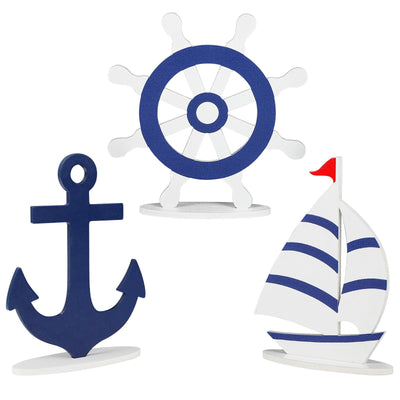 COCHIE Wooden Summer Nautical Decor Set of 3, Double-Sided Anchor Sailboat Tiered Tray Decorations, Wood Cruise Ship Wheel Sign for Tabletop, Home, Desk, Shelf, Party Decoration