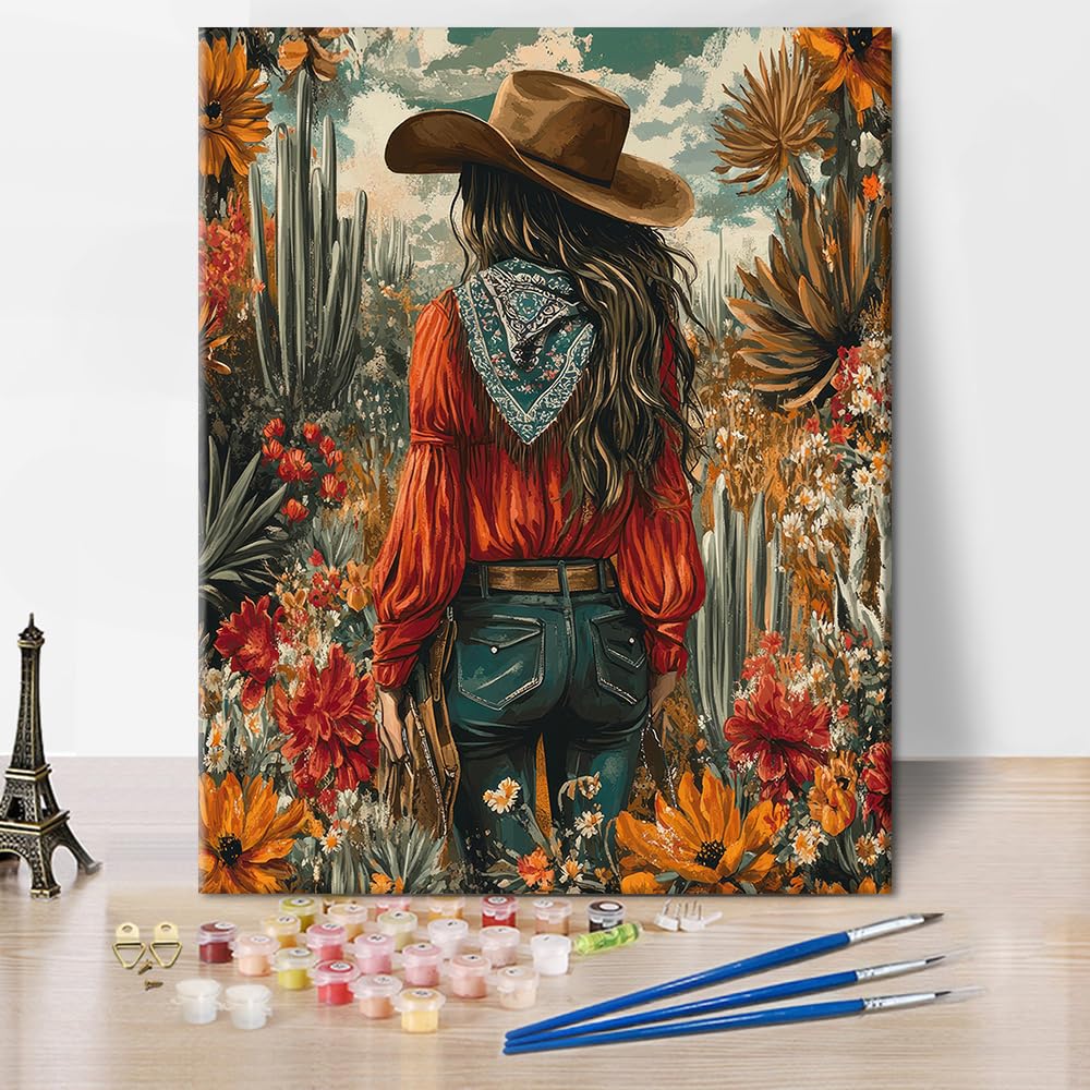 TUMOVO Adult Paint by Number Kit on Canvas Woman in Cowboy Hat, Flowers and Cactus DIY Color by Number, 16 x 20 Inch TUMOVO