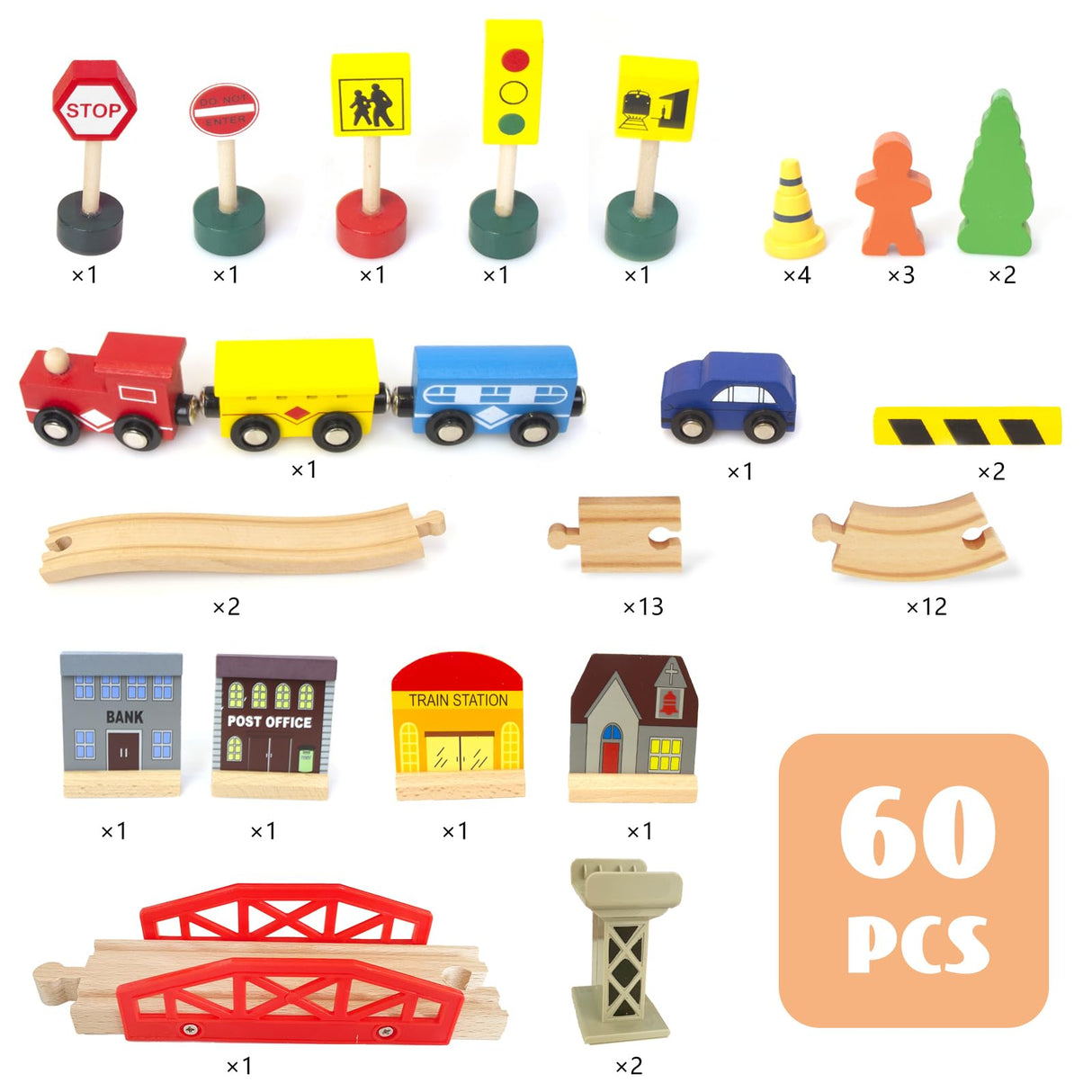 WoodenEdu 60Pcs Train Set for Toddlers, Bridge & Double-Side Wooden Train Set Tracks, Fits Brio, Thomas, Melissa and Doug, Kids Gift Toys for 3 4 5 Years Old Boys Girls WoodenEdu