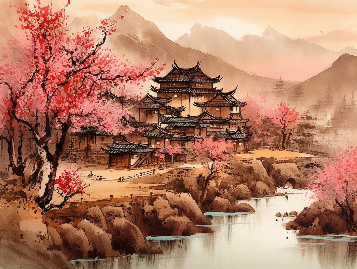 Generic Diamond Art Painting Landscape Peach Blossom House Chinese Style （2） Kit for Adults Diamond Art Painting by Number Kits Gem Art Wall Home Decor(Canvas 11.8 x15.8inch) Generic