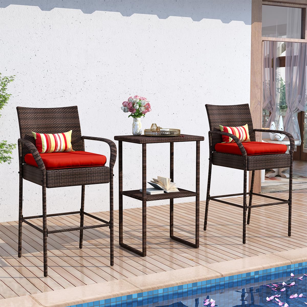 Sundale Outdoor Wicker Bar Stool Set of 4, Patio Counter Height Pub Chair with Arms, High Top Rattan Barstool, Cushion Red, All-Weather Outdoor Rattan Furniture - Steel, Brown Sundale Outdoor