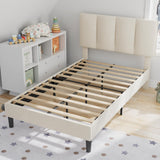 VECELO Twin Bed Frame with Upholstered Headboard, Heavy-Duty Platform Bedframe with Strong Wooden Slats Support, No Boxing Spring Needed, Pale Beige VECELO