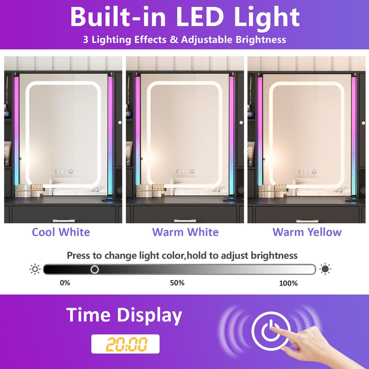 Fameill Black Makeup Vanity Desk with Lights,Makeup Vanity with RGB Lights and Power Strip,Vanity Table with 5 Drawers Lots Storage & Time Display,3 Lighting Modes Vanity Mirror with Lights,41.3in(L) Fameill