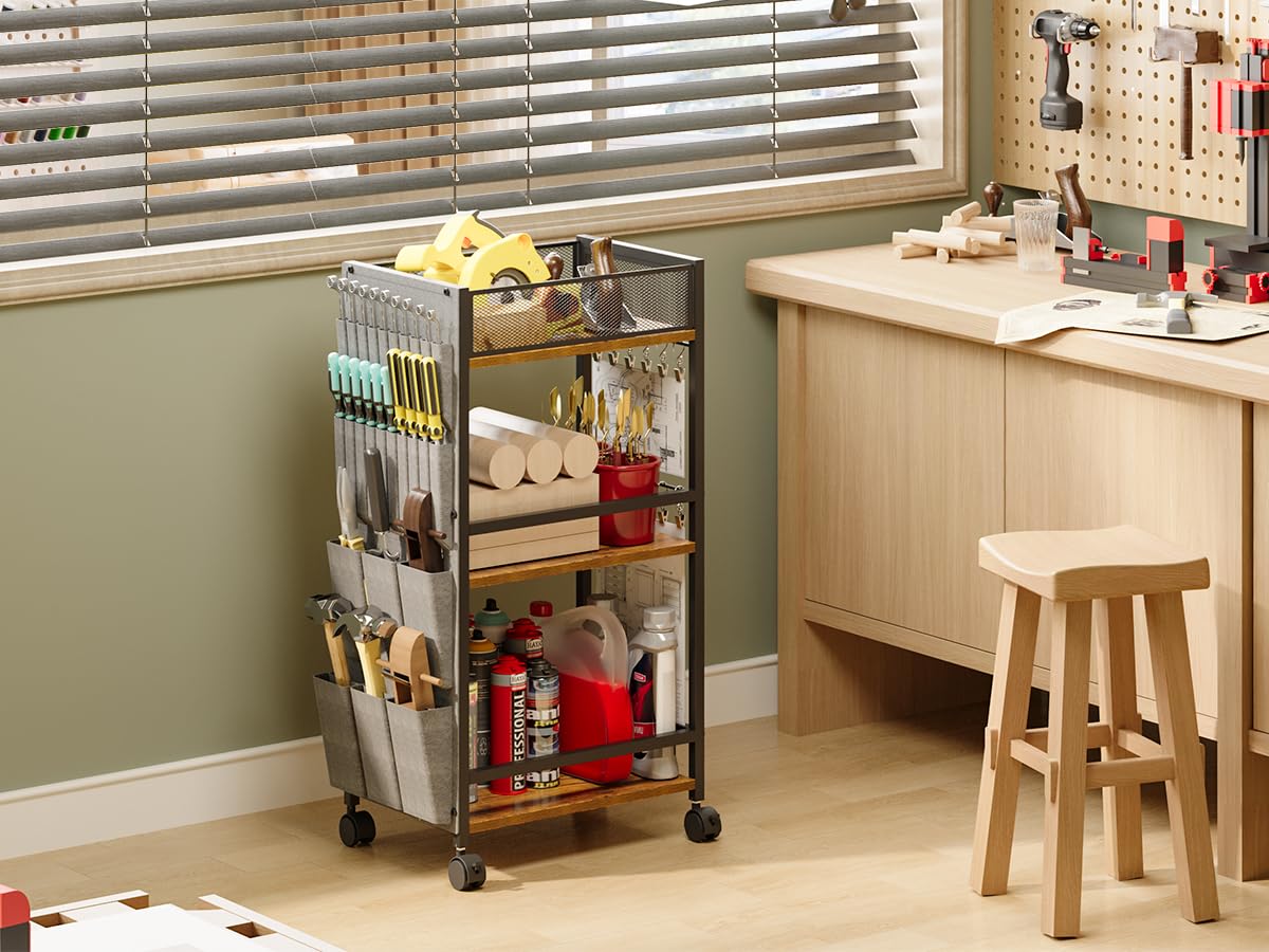 3 Tier Rolling Craft Cart & Art Cart | Side Partitioned Paint Brush Holder | Art Supply Storage Organizer with Wheels | Rolling Storage Cart for Standing Desk, Drawing & Craft Room, DIY Workshop,Gift Eyteenokk