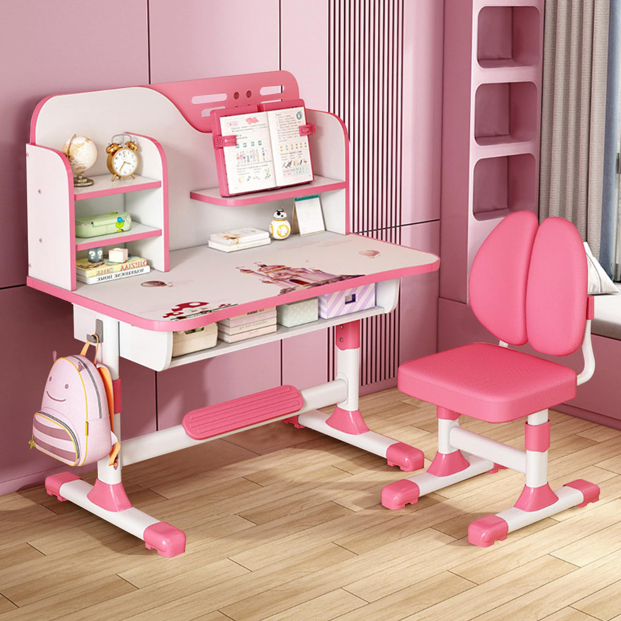 Kids Study Table and Chair Set, Adjustable Art Desk Girls Desk for Bedroom, Study Table with Large Writing Board Bookshelf and Drawer (Pink) Bidbory