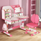 Kids Study Table and Chair Set, Adjustable Art Desk Girls Desk for Bedroom, Study Table with Large Writing Board Bookshelf and Drawer (Pink) Bidbory