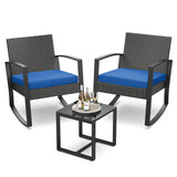 Qsun 3 Piece Patio Bistro Set Patio Furniture Set Outdoor Wicker Rocking Furniture Conversation Set with Tempered Glass Coffee Table for for Front Porch Balcony and Deck (Blue Cushion Qsun