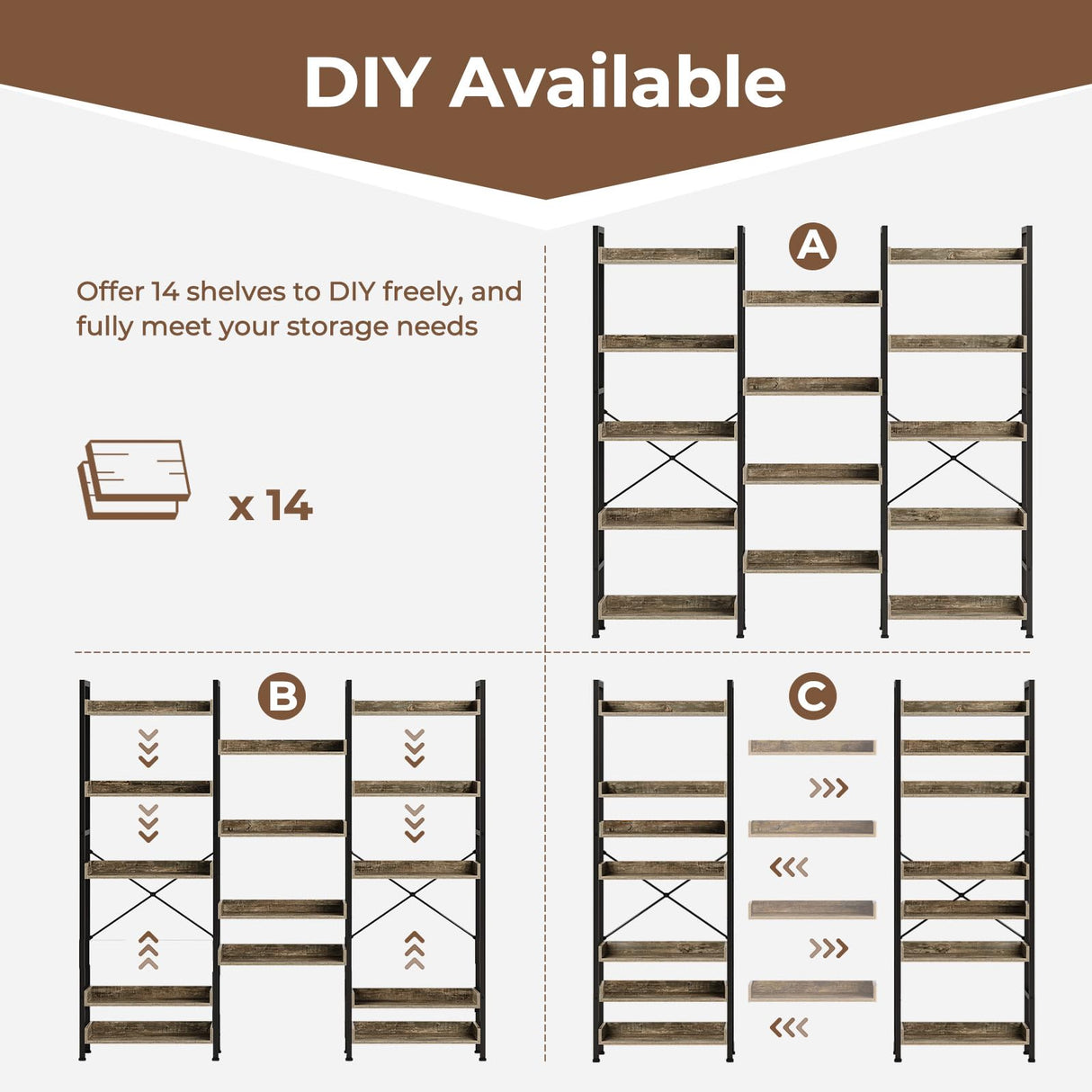 Rolanstar Bookshelf 5 Tiers, Triple Bookcase with Open Display Shelves, Industrial Wide Bookshelf with Metal Frame for Living Room, Office, Grey Rolanstar