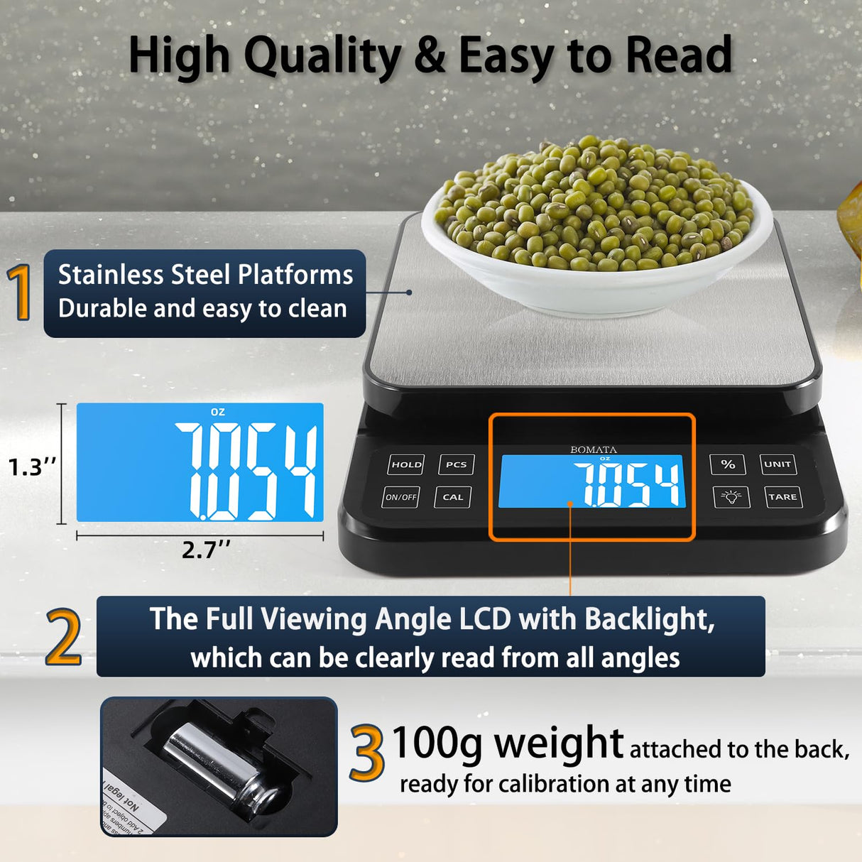BOMATA Large Kitchen Scale with 0.1g/0.001oz High Precision, 5kg/11lb Bakery Scale with% Percentage Function, USB Rechargeable, Full-View Angle LCD with Backlight, Stainless Steel Pan BOMATA