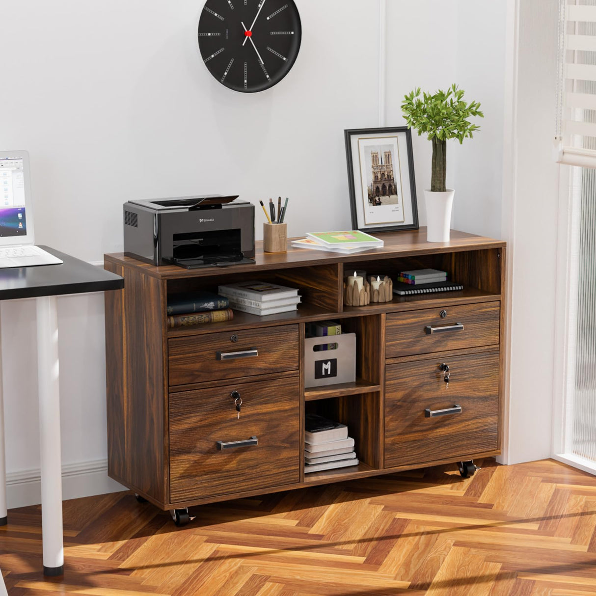 VINGLI Wide 4 Drawer File Cabinet with Lock, Wood Lateral File Cabinet with Open Shelves, Lockable Rolling File Cabinets for Home Office, Dark Brown File Cabinet Printer Stand, Letter Sized VINGLI