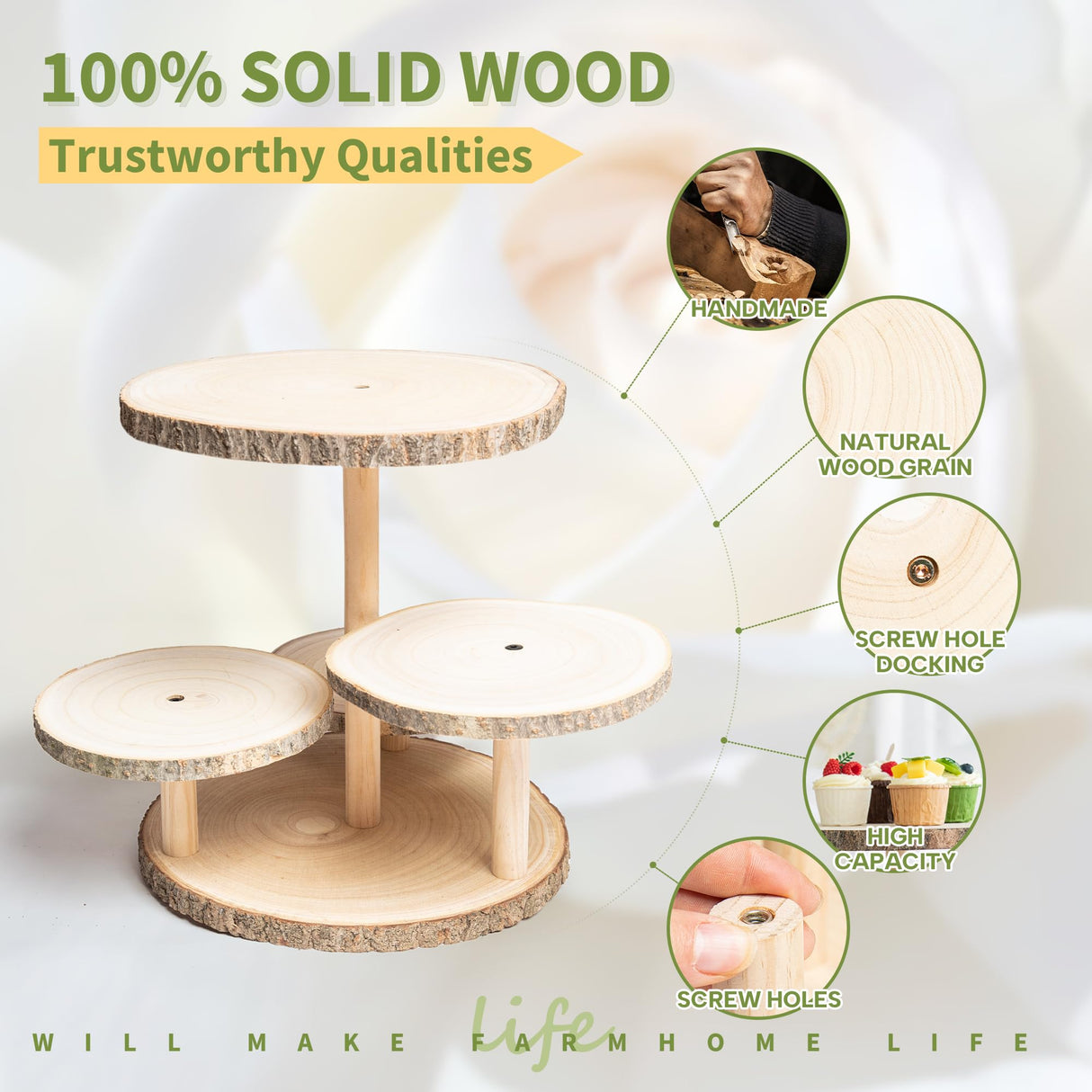 GENMOUS 4 Tiered Round Cake and Cupcake Stand Combo for Birthday Party Decor, Rustic Wooden Cupcake Tower Stands for 50 Cupcakes, Farmhouse Cupcake Tier Stand Display for Wedding Baby Shower Tea Party GENMOUS & CO.