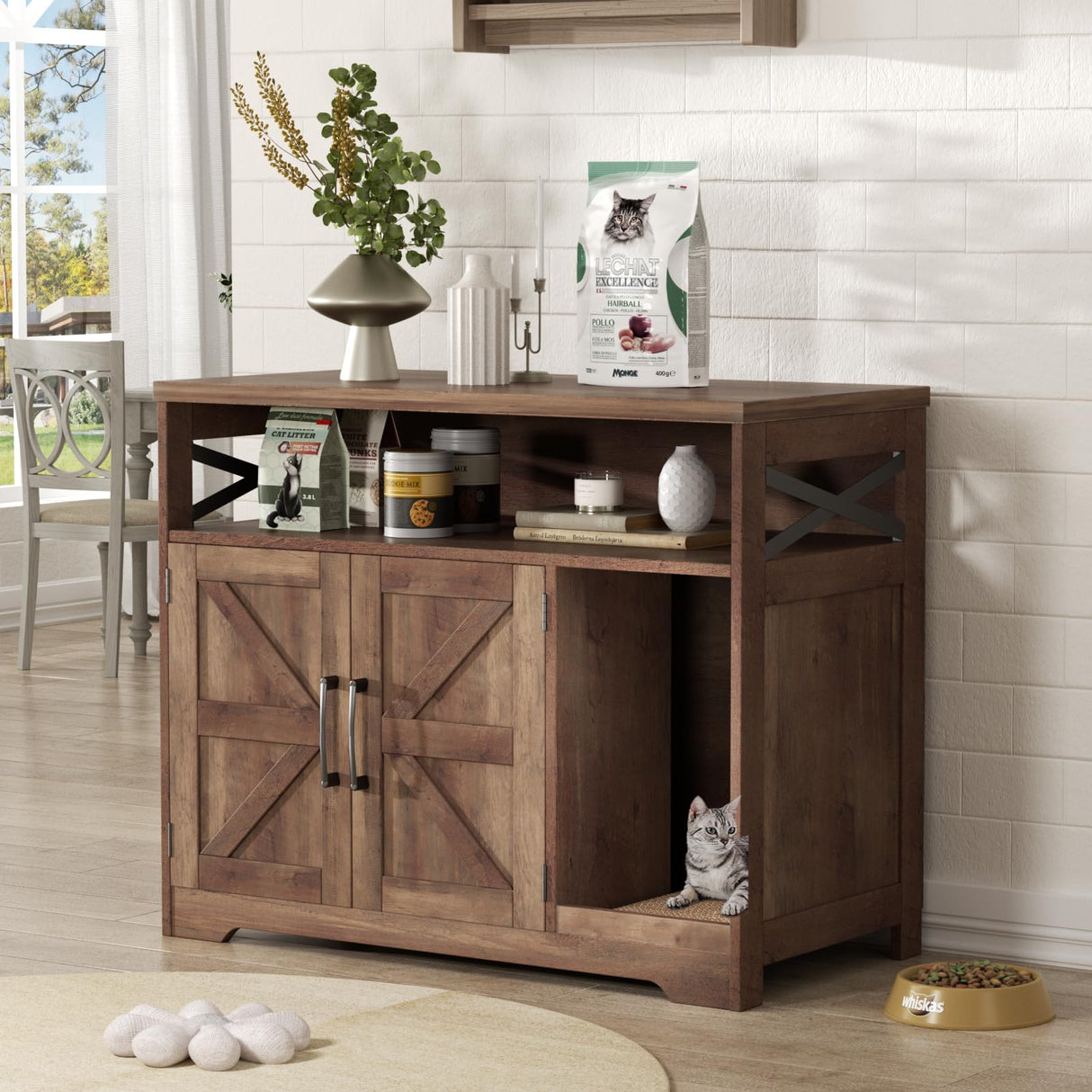 Halitaa Cat Litter Box Enclosure, Hidden Litter Box Furniture with Scratch Pad, Farmhouse Indoor Cat House Washroom End Table, Retro Brown Halitaa