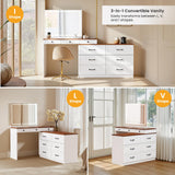 Mixcous Vanity Desk with Mirror and Lights, Vanity Dresser Combo, Farmhouse Makeup Vanity with 9 Drawers, Glass Top Corner Vanity Dressing Table, Extendable Big Dressing Table Set for Bedroom, White Mixcous