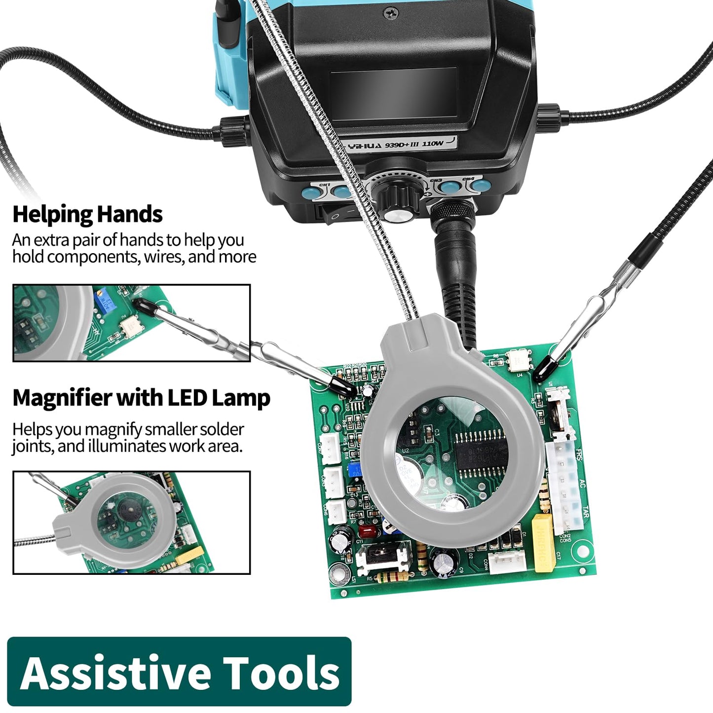 YIHUA 939D+ III EVO Digital Soldering Iron Station Kit 110W High Power with LCD display, 4 Memory Channels, Sleep Mode, Digital Calibration, Solder Wire, Helping Hands, Magnifier, 3 Soldering Tips