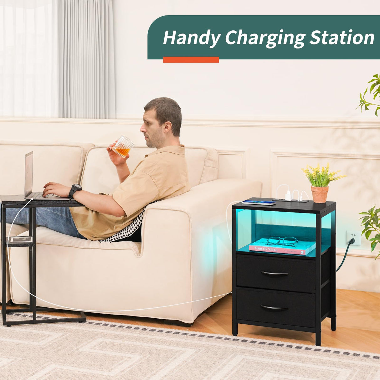 Yoobure Nightstand with Charging Station, LED Night Stand with Fabric Drawers and Storage Shelf for Bedroom, Nightstands Bedside Tables with USB Ports & Outlets, Small Night Stands, Bed Side Table Yoobure