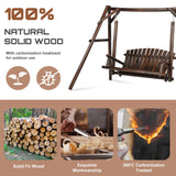 HOMEDIARY Wooden 2-Seat Porch Swing with A-Frame Stand, Outdoor Patio Swing Chair Bench w/Slatted Design, Outside Swing Bench w/550lbs High Capacity for Garden Patio Backyard Porch, Carbonized HOMEDIARY