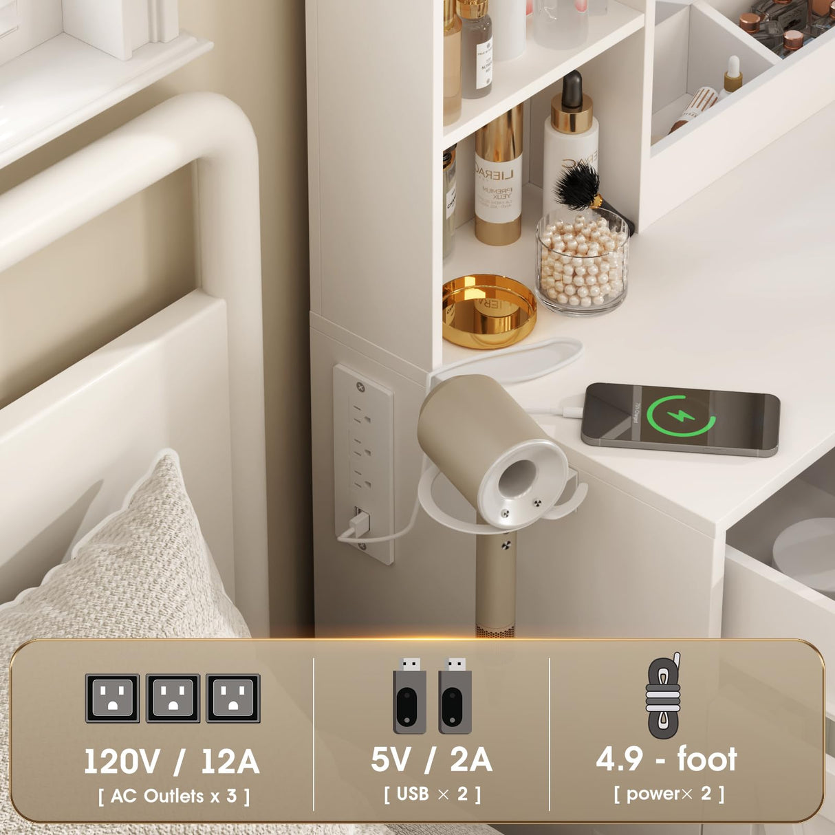 Vabches Makeup Vanity Desk, Vanity Mirror with Lights Desk and Chair, White Vanity Table with Large Storage Drawers and Shelves, Time and Temperature Display, 3 LED Lighting Modes Adjustable, White Vabches