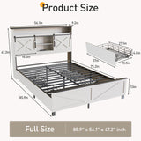 Maupvit Full Size Farmhouse Bed Frame with 4 Drawers and Sliding Barn Door, Storage Shelves, LED Light and Charging Station Metal Platform Bed Frame No Box Spring Needed, White Maupvit
