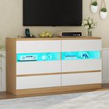 Gyfimoie 6 Drawer Dresser with Power Outlet & LED Light, Modern Chest of Drawers with 2 Open Cubbies, Double Wide Drawer Dresser Organizer, TV Stand for Bedroom, Entryway (White & Light Wood) Gyfimoie