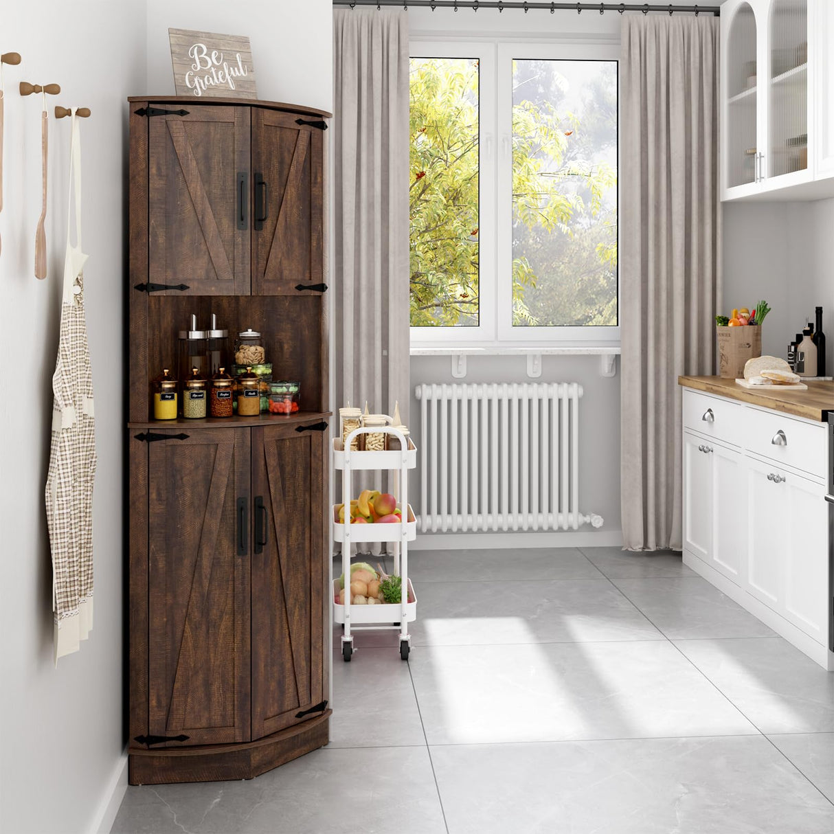 Hlivelood 68" Tall Farmhouse Corner Cabinet, Dining Room Storage Cabinet with 4 Barn Doors and 5 Level Storage with Adjustable Shelves, for Kitchen, Living Room, Laundry Room, Brown Hlivelood