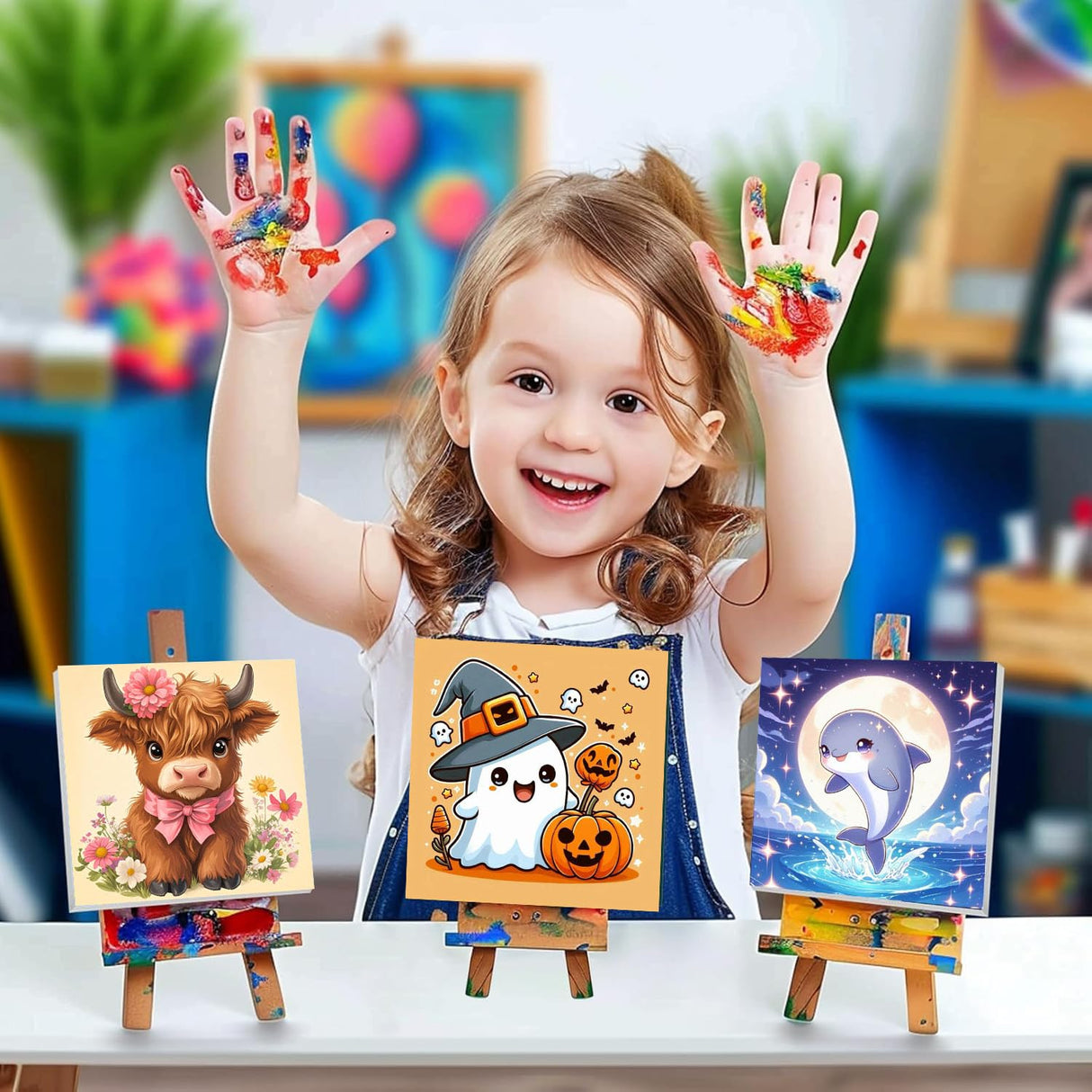 cviokrdu Halloween Paint by Numbers Kit for Kids with Frame - Wooden Easel, Ghosts Paint by Numbers for Kids Ages 4 8 12, Easy Acrylic Oil Painting Kits for Home Wall Decoration 8x8 inch cviokrdu