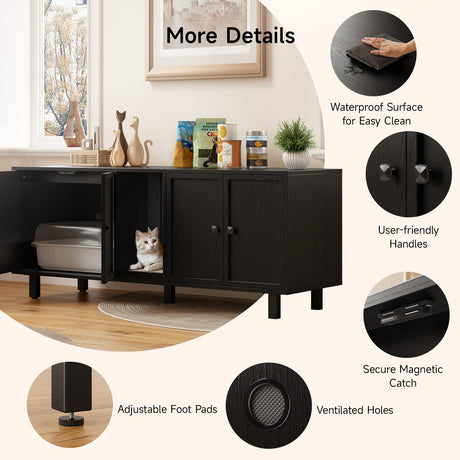 ONBRILL 59 Inches Cat Litter Box Enclosure for 2 Cats, Hidden Litter Boxes Furniture with Cat Scratch Pad, Large Indoor Pet House with Double Room, Wooden TV Stand Side Table, Black ONBRILL