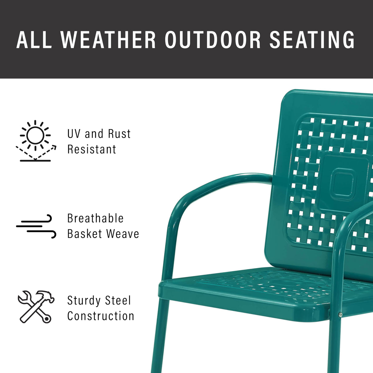 Crosley Furniture Bates 2-Piece Outdoor Chair Set, Retro Metal Patio Chairs for Dining, Porch, Deck, Balcony, Turquoise Gloss Crosley Furniture