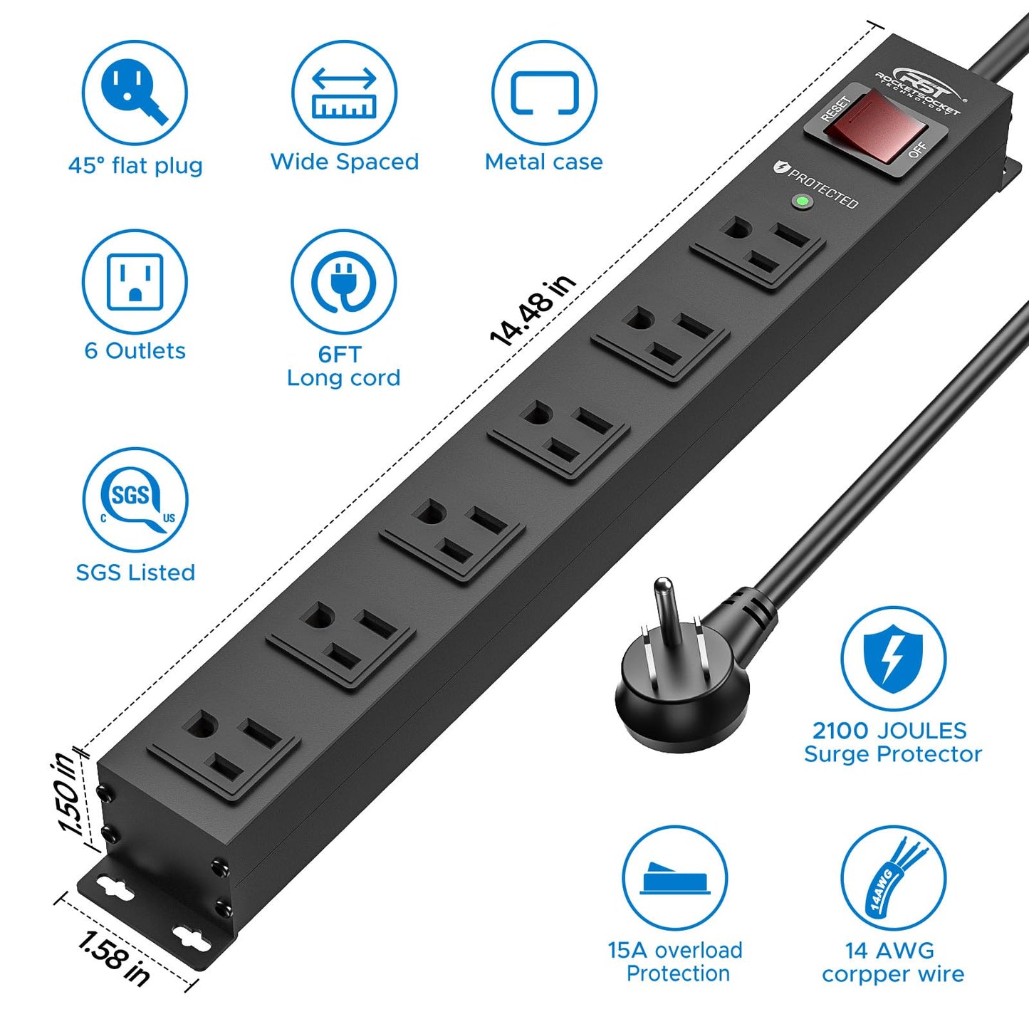 CRST 6 Outlet Heavy Duty Power Strip with Switch, 15A/1875W Metal Mountable Power Strip Surge Protector 2100Joules, Wide Spaced Power Bar for Garage Worshop Home School, 6 FT Cord - WoodArtSupply