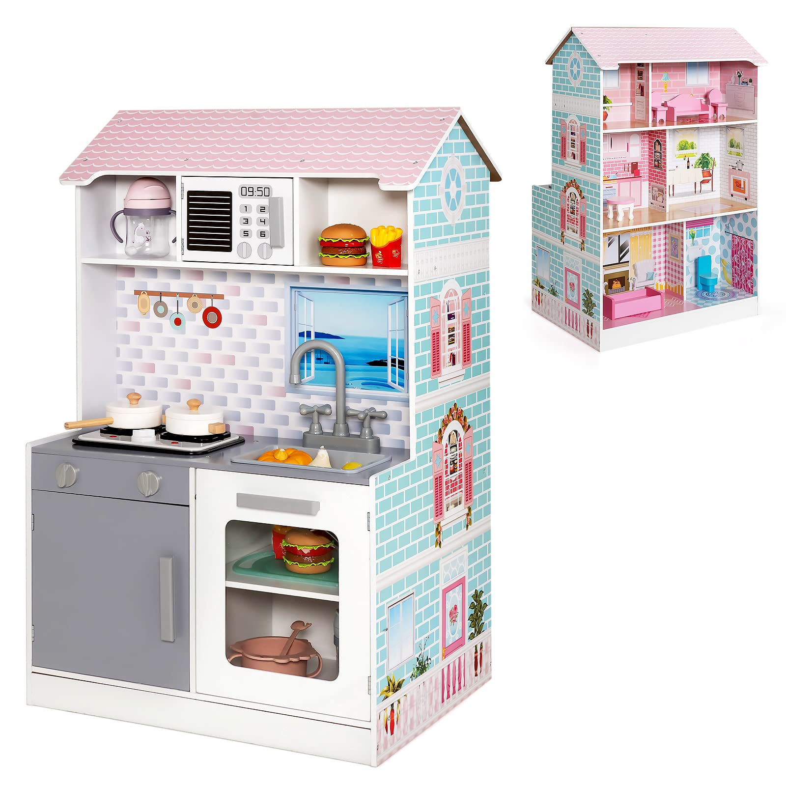 Costzon 2 in 1 Kids Kitchen Playset and Dollhouse, Wooden Double-Sided Pretend Chef Play Set w/Cookware, 3.25 FT High Doll House w/Living Room Bedroom Furniture, Gift for Toddlers Girls Ages  - WoodArtSupply