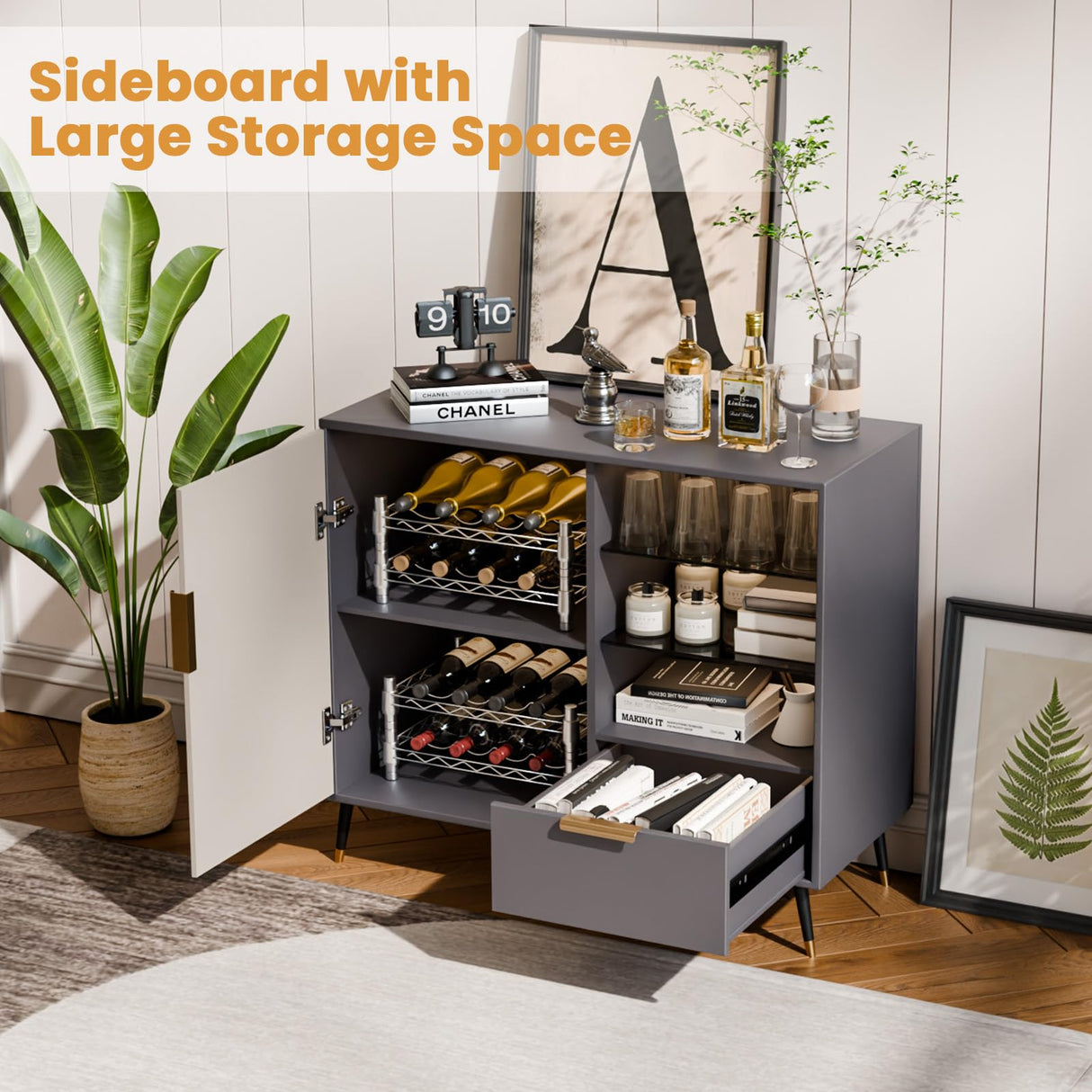 MODNEST 31" Fluted Sideboard Cabinet with Door and Drawer, Sideboard Buffet Cabinet with Storage, Coffee Bar with Adjustable Shelves for Kitchen, Living Room, Entryway, 31.5"x15.7"x31.5", Grey MODNEST