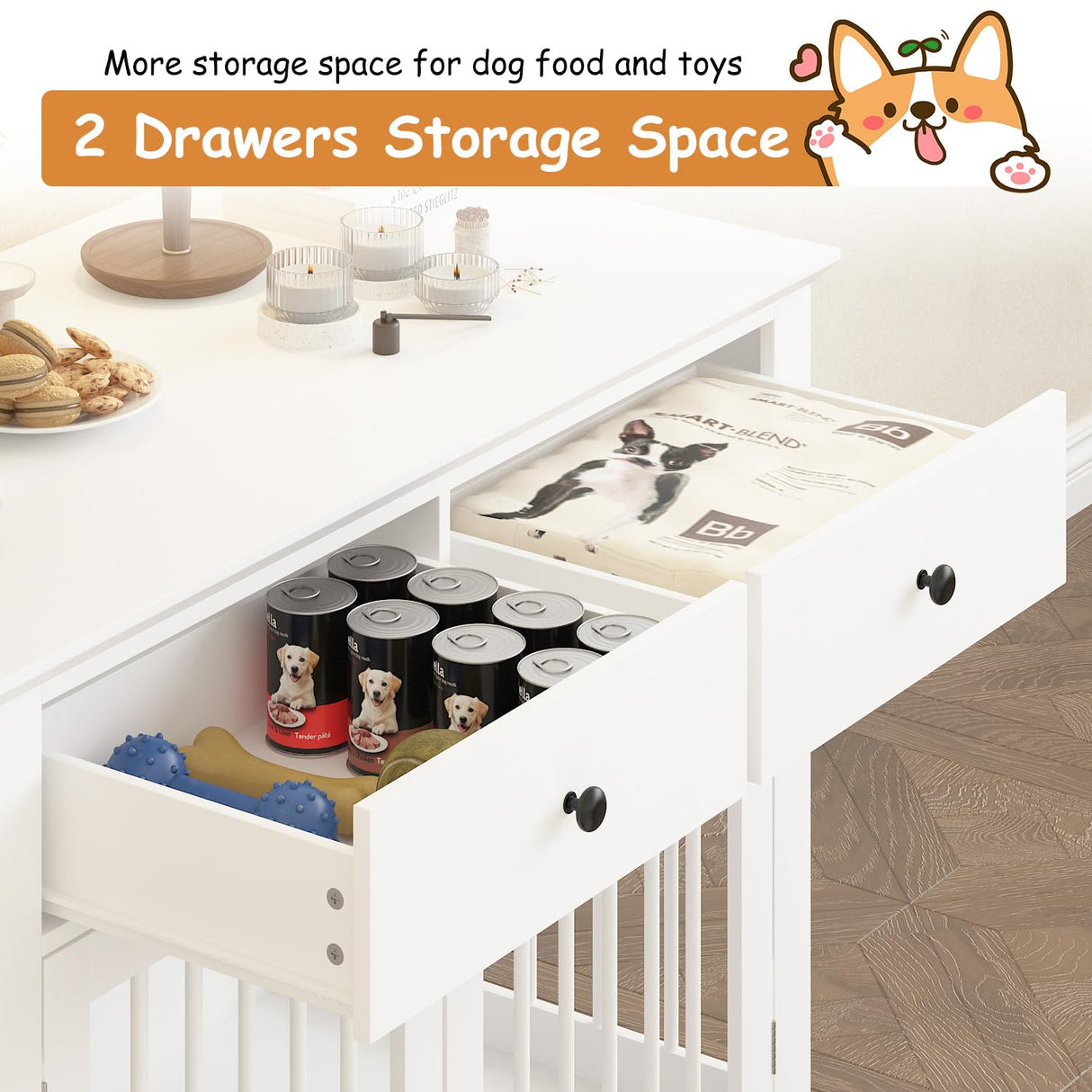 PRETZI Dog Crate Furniture, 44 Inch Wooden Dog Kennel Indoor with 2 Storage Drawers, Heavy Duty Large Crate Furniture, Decorative End Table Cage Furniture for Small/Medium/Large (White) PRETZI