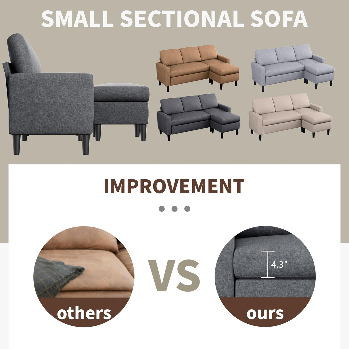 JAMFLY L Shaped Couch Sofa for Living Room, Small Sectional Sofa Couch with Breathable Fabric, Reversible Chaise, Dark Grey JAMFLY