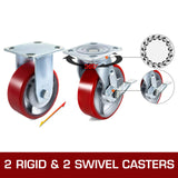 BestEquip 4 Pack 6 x 2 Inch Caster Wheels 2 Rigid and 2 Swivel Casters with Side Brake Polyurethane Iron Core Plate 1000LBS Capacity Per Wheel BestEquip