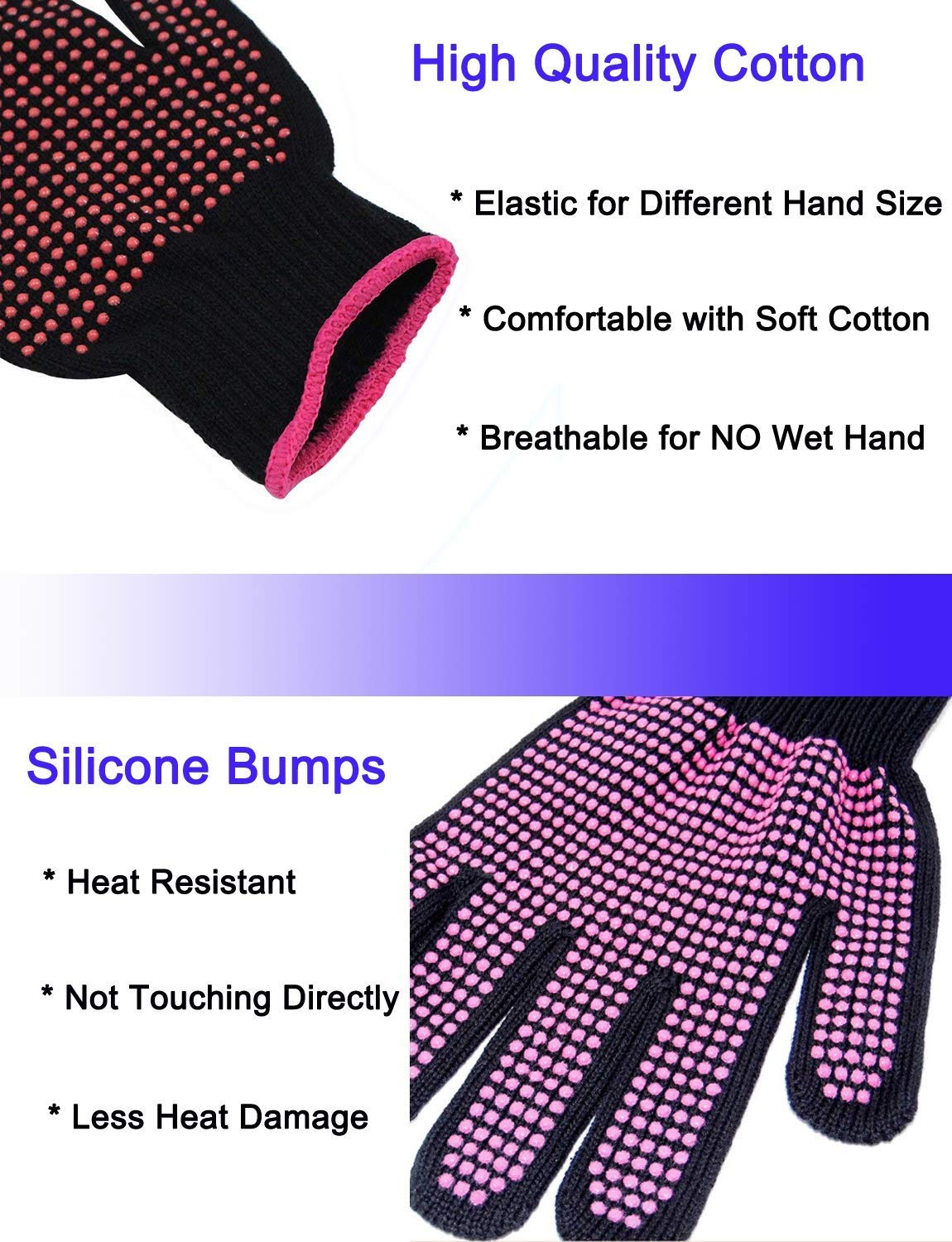 AFT90 2 Pcs Professional Heat Resistant Glove for Hair Styling Heat Blocking Gloves for Curling, Flat Iron and Hair Styling Tools, Silicone Bump, Pink Edge AFT90