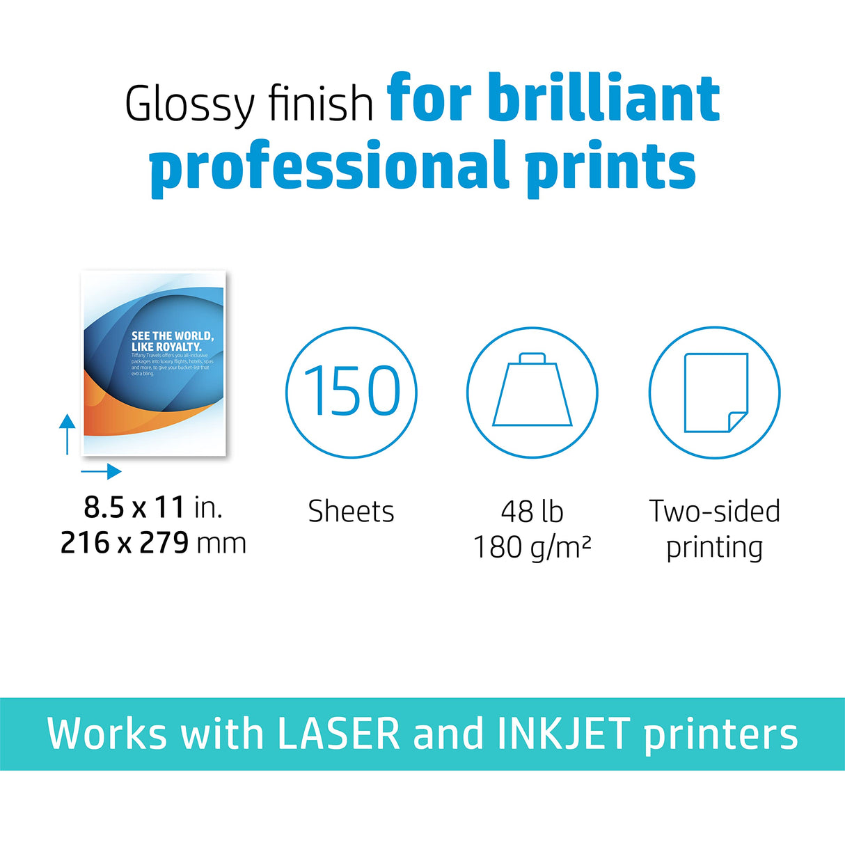 HP Professional Business Paper, Glossy, 8.5x11 in, 48 lb, 150 sheets, works with inkjet, PageWide, laser printers (Q1987A) HP