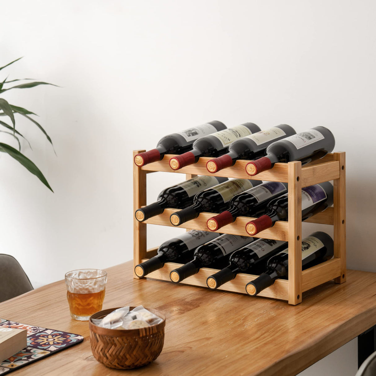 VASMIA Bamboo Wine Rack, Sturdy and Durable Wine Storage Cabinet Shelf, Wine Racks Countertop for Pantry,Kitchen,3-Tier 12 Bottles Wine Rack Natural VASMIA