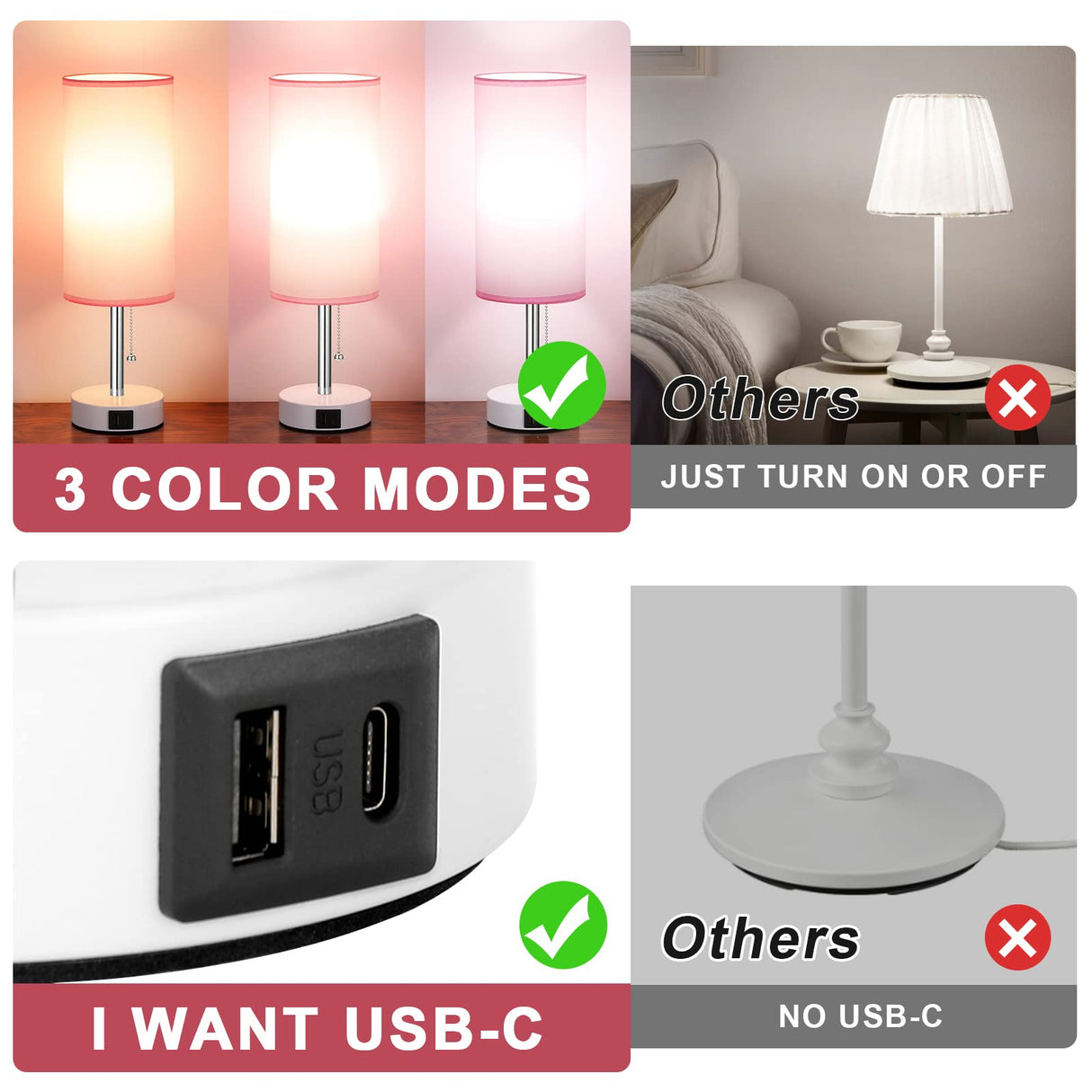 Hong-in Pink Lamp for Bedroom,Nightstand Lamp with 3 Color Modes-Small Bedside Lamp with USB-C+A Charging Ports, Pull Chain Bedroom Table Lamp for Bedroom, Office, Kids Room(Bulb Included) Hong-in